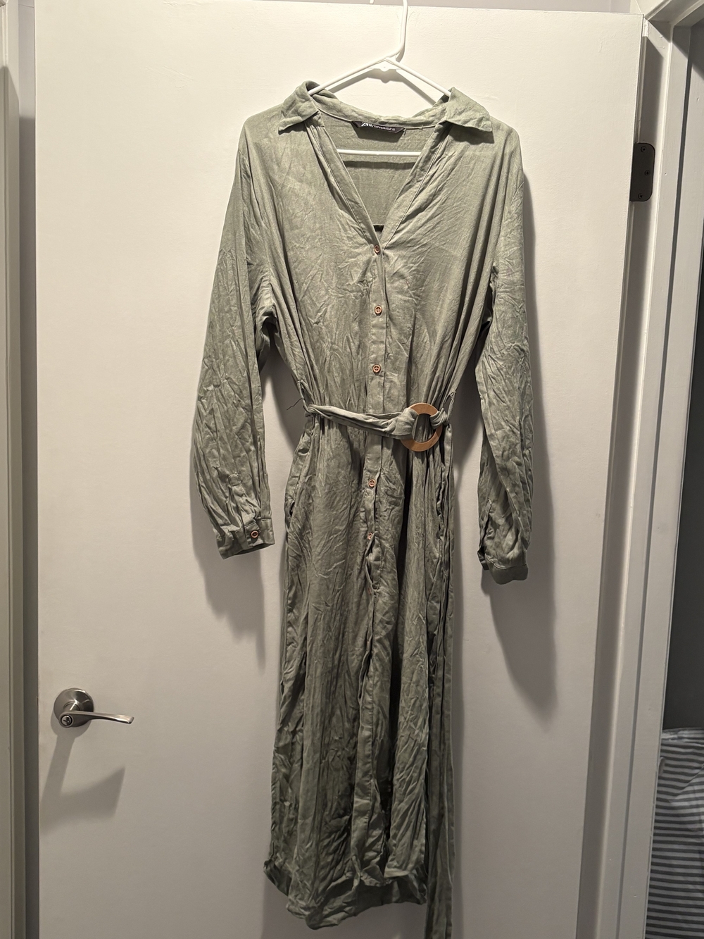 Zara Light Olive Button-Front Maxi Shirt Dress with Belt